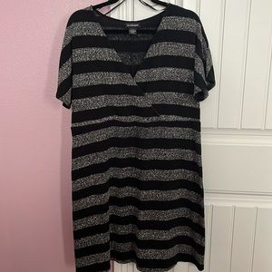 Black and Grey striped faux wrap a line sweater dress